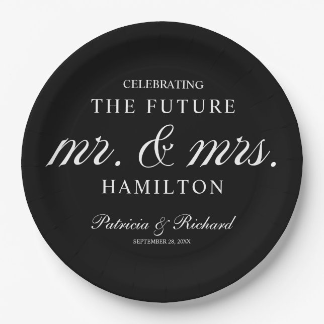 Future Mr and Mrs Engagement Party Black Paper Plate (Front)