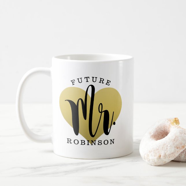 Future Mr Gold Heart Wedding Monogram Coffee Mug (With Donut)