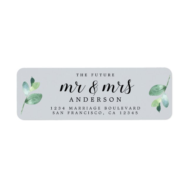 Future Mr Mrs Blue Foliage Wedding Return Address Label (Front)