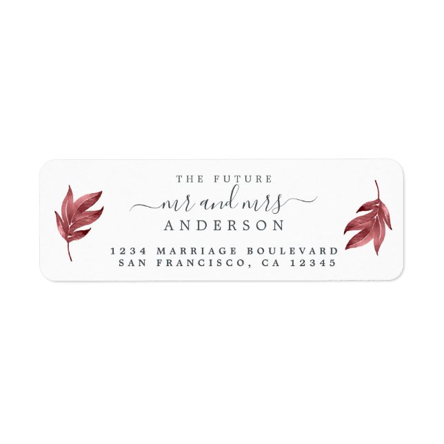 Future Mr Mrs Burgundy Leaf Wedding Return Address Label (Front)