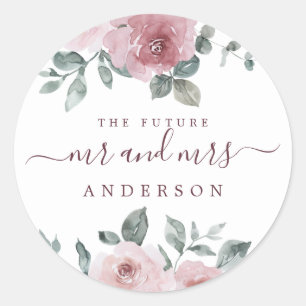 Future Mr Mrs Floral Dusty Pink Burgundy Classic Round Sticker