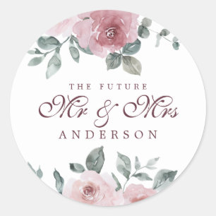 Future Mr Mrs Floral Dusty Pink Burgundy Classic Round Sticker