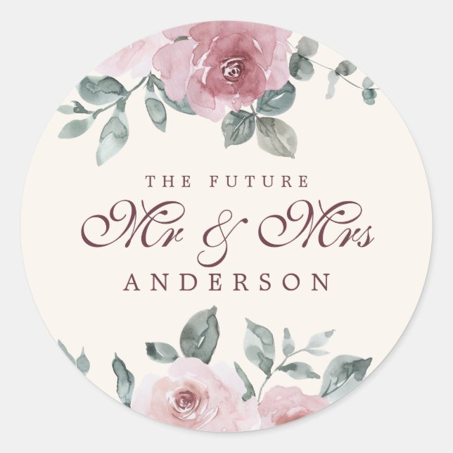 Future Mr Mrs Floral Dusty Pink Burgundy Ivory Classic Round Sticker (Front)