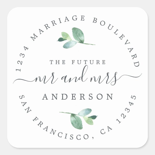 Future Mr Mrs Foliage Wedding Return Address Square Sticker (Front)