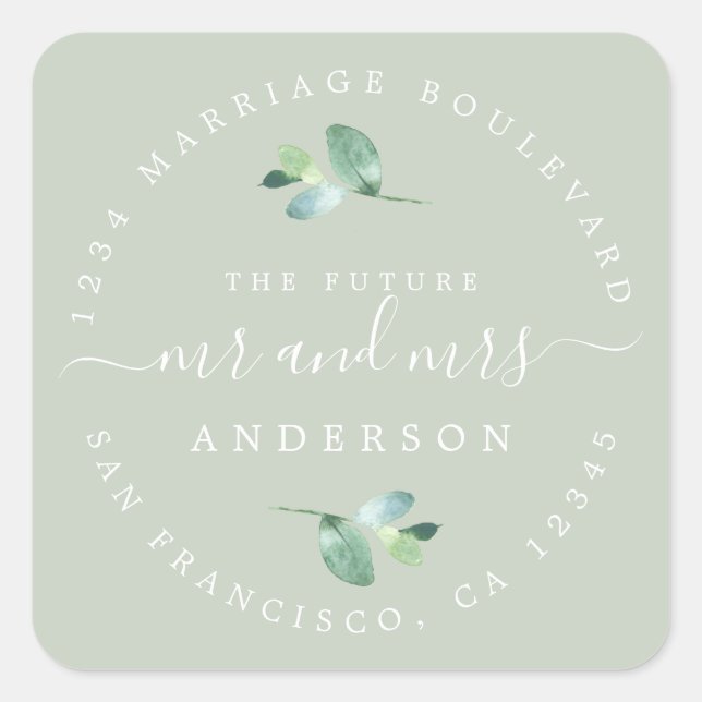 Future Mr Mrs Foliage Wedding Return Address Square Sticker (Front)