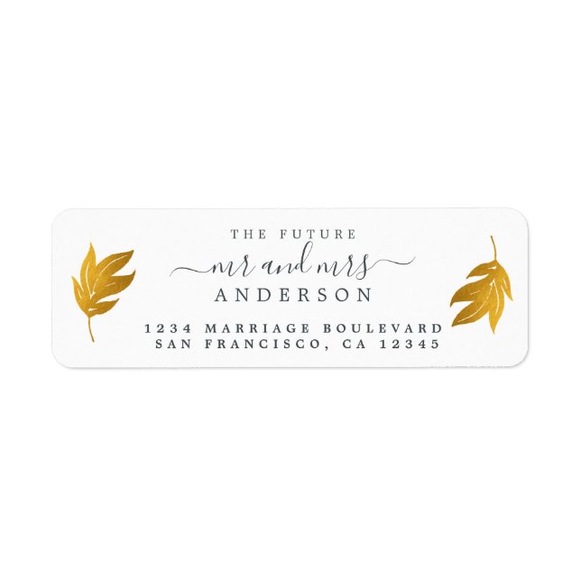 Future Mr Mrs Gold Leaf Wedding Return Address Label (Front)