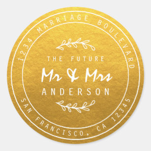 Future Mr Mrs Gold Wedding Return Address Classic Classic Round Sticker