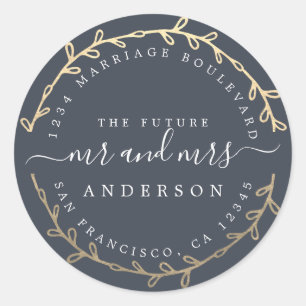 Future Mr Mrs Gold Wreath Dark Blue Return Address Classic Round Sticker