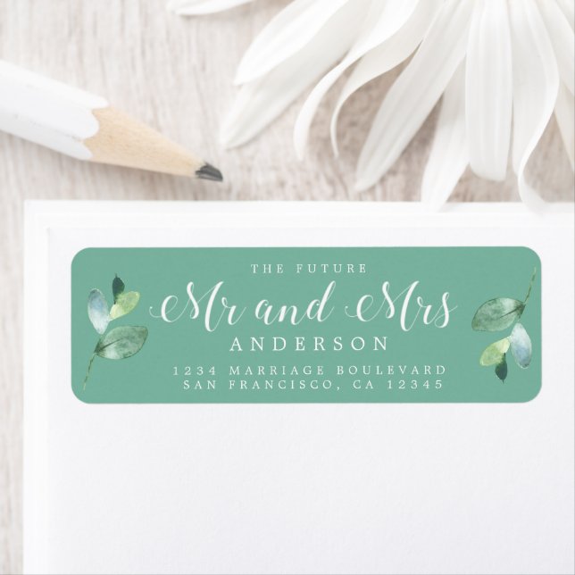 Future Mr Mrs Green Foliage Wedding Return Address Label (Insitu)