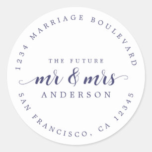 Future Mr Mrs Navy Blue Script Return Address Classic Round Sticker