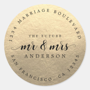 Future Mr Mrs Script Champagne Gold Return Address Classic Round Sticker