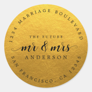 Future Mr Mrs Script Classic Gold Return Address Classic Round Sticker