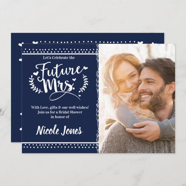 FUTURE MRS. Blue & White Bridal Shower Photo Invitation (Front/Back)