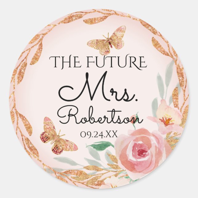 Future Mrs Blush Pink Floral Elegant Bridal Shower Classic Round Sticker (Front)