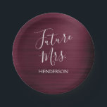 Future Mrs. Burgundy Bridal Shower Paper Plate<br><div class="desc">Future Mrs. - Bride Faux Modern Metallic Burgundy Purple and White Paper Plates which are perfect for a Marsala Maroon Bachelorette Party or Wedding Bridal Shower. This Future Mrs Paper Plate is perfect for a bachelorette party. The Bride's Name can be updated on this Plate. Please contact the designer if...</div>