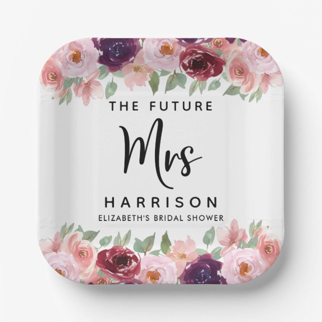 Future Mrs Burgundy Floral Bridal Shower Paper Plate (Front)