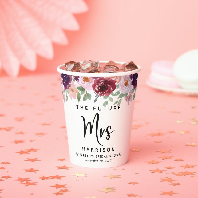 Future Mrs Burgundy Floral Custom Bridal Shower Paper Cups (Insitu)