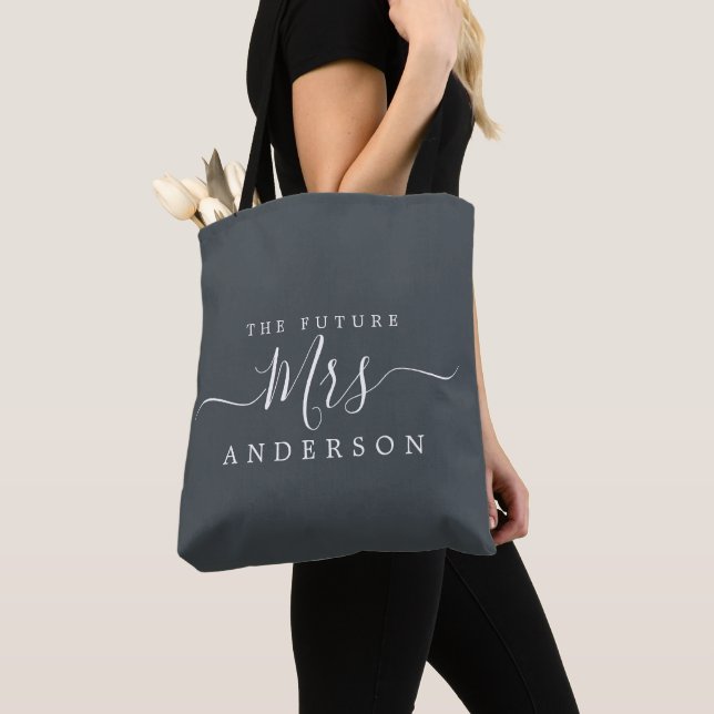 Future Mrs Chic Script Custom Name Bride To Be Tote Bag (Close Up)