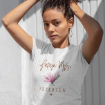 Future Mrs floral typography script team bride T-Shirt<br><div class="desc">Glam elegant floral custom future Mrs t-shirt with copper glitter brushed handwritten like typography script, a pink blush watercolor magnolia flower, and a small heart. Easy to personalise with bride's to be future name. Suitable for spring or summer trendy modern glamourous wedding bridal team bride or bachelorette parties or as...</div>