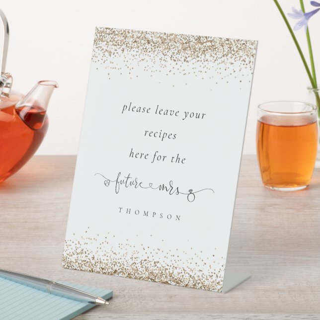 Future Mrs Gold Glitter Bridal Shower Recipes Pedestal Sign (In SItu)