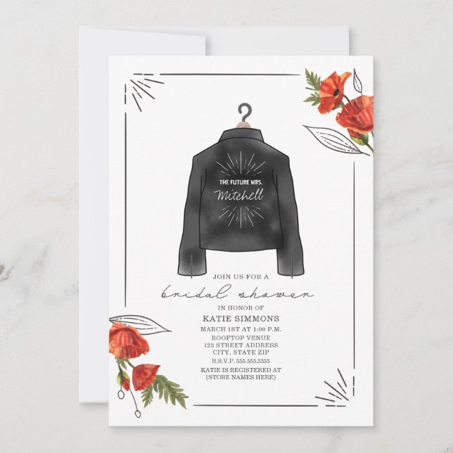 Future Mrs Leather Jacket Poppies Bridal Shower Invitation (Front)