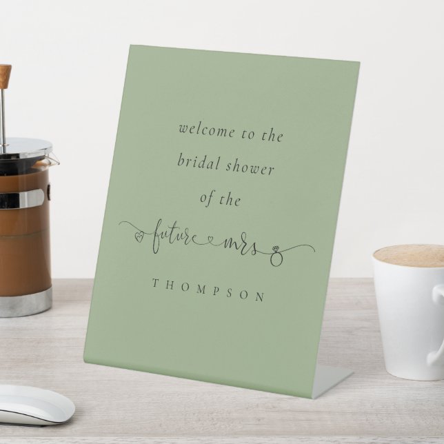 Future Mrs Name Script Sage Welcome Bridal Shower Pedestal Sign (In SItu)