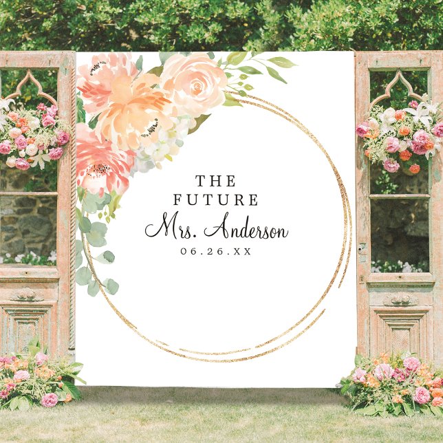 Future Mrs Peach Floral Bridal Shower Backdrop Tapestry (Creator Uploaded)