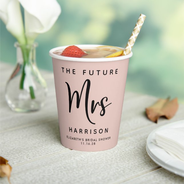 Future Mrs Personalised Blush Pink Bridal Shower Paper Cups (Insitu)