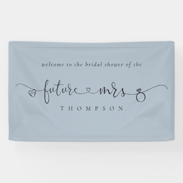 Future Mrs Ring Hearts Dusty Blue Bridal Shower Banner (Horizontal)