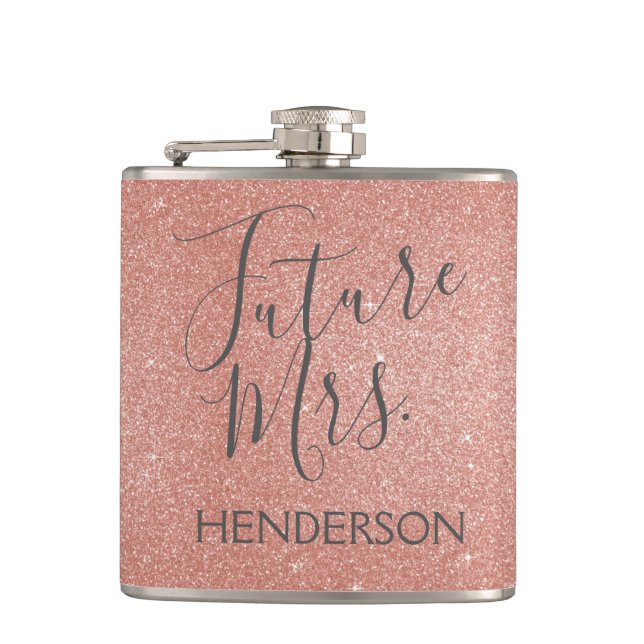Future Mrs. Rose Gold Blush Pink Sparkle Glitter Hip Flask (Front)