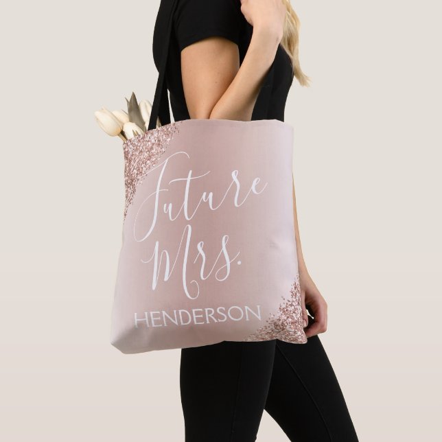 Future Mrs. Rose Gold Blush Pink Sparkle Glitter Tote Bag (Close Up)