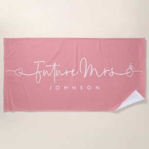 Future Mrs Script Heart Ring Custom Wedding Pink  Beach Towel