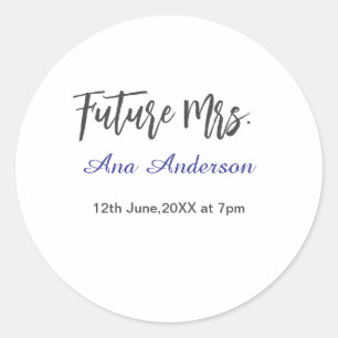Future mrs surname bride to be purple grey name da classic round sticker