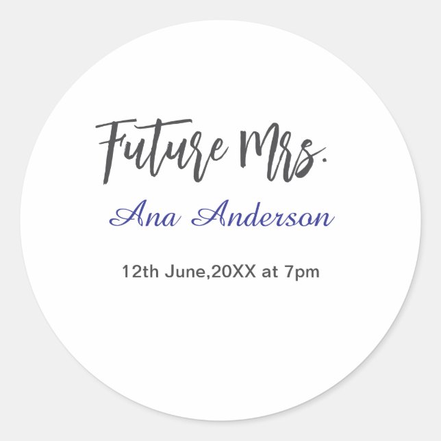 Future mrs surname bride to be purple grey name da classic round sticker (Front)