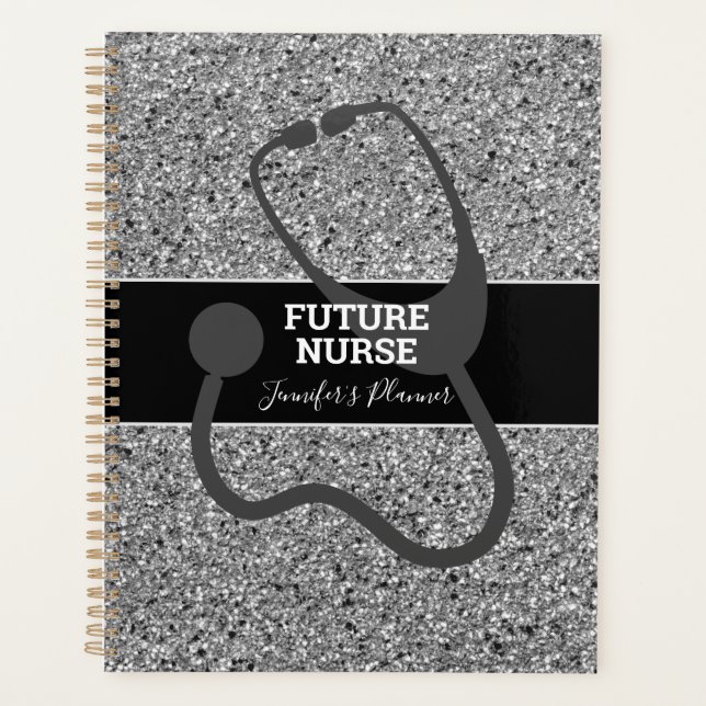 Future Nurse Black Silver Glitter Stethoscope Name Planner (Front)