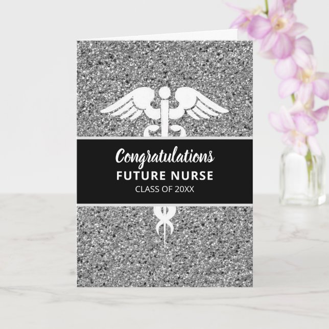 Future Nurse Graduate Medical Black Silver Glitter Card (Orchid)
