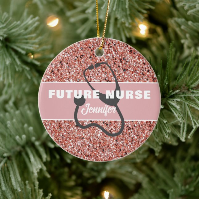Future Nurse Medical Pink Glitter Personalised Ceramic Ornament (Tree)