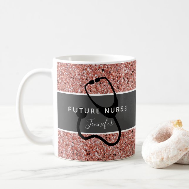 Future Nurse Medical Rose Gold Glitter Name Coffee Mug (With Donut)
