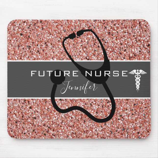 Future Nurse Medical Stethoscope Pink Glitter Name Mouse Pad (Front)