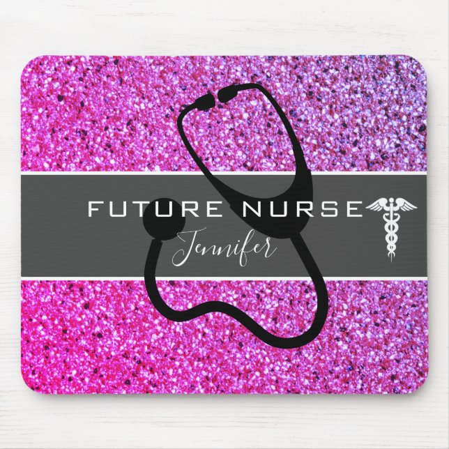 Future Nurse Stethoscope Pink Purple Glitter Name Mouse Pad (Front)