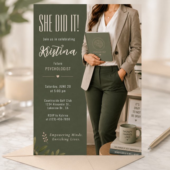Future Psychologist Graduation Invite (Future psychologist graduation invitation with elegant editorial olive green styling.)