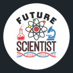 Future Scientist Science Lover STEM Classic Round Sticker<br><div class="desc">Future scientist design for chemistry,  physics or biology student. Perfect STEM design for anyone who wants to be a chemist,  physicist or biologist.   Future scientist novelty design features graphics of atom,  microscope,  beaker and DNA. Great to wear to science fair or science camp.</div>