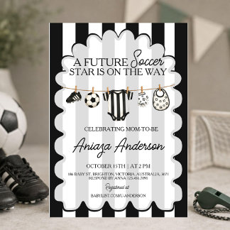Future Soccer Star Black White Striped Baby Shower Invitation