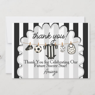 Future Soccer Star Black White Striped Baby Shower Thank You Card