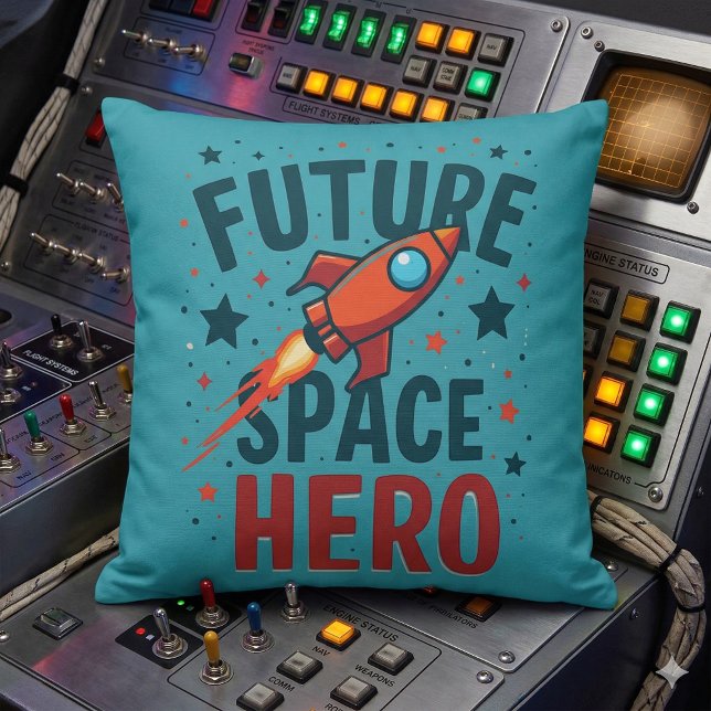 Future Space Hero Retro Rocket Ship Design Cushion (Future Space Hero Retro Rocket Ship Design Throw Pillow Mockup A)