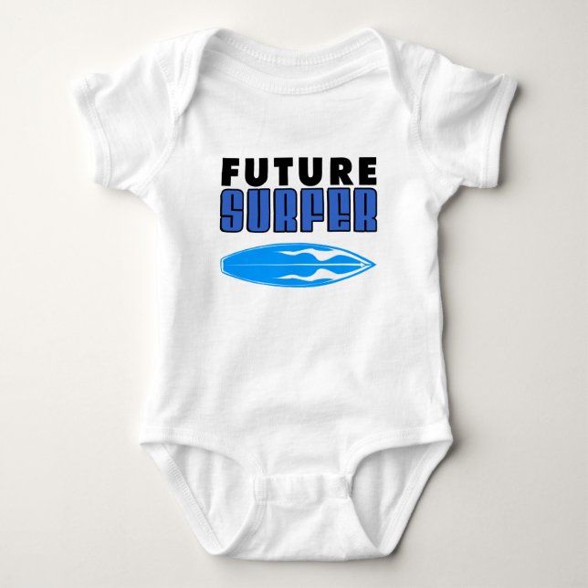 Future Surfer Blue Surf Board Baby Bodysuit (Front)