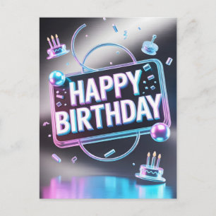 Futuristic 3D "Happy Birthday" Neon Sign Holiday Postcard