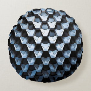 Futuristic Abstract Blue Geometric Metallic Round Cushion
