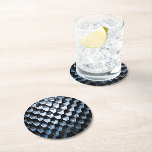 Futuristic Abstract Blue Geometric Metallic Round Paper Coaster