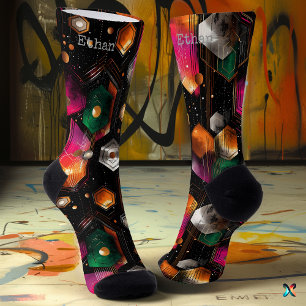 Futuristic Abstract in Emerald, Orange, on Black Socks